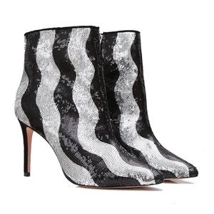 New Schutz Tammy Heeled Black Silver Sequin Boot